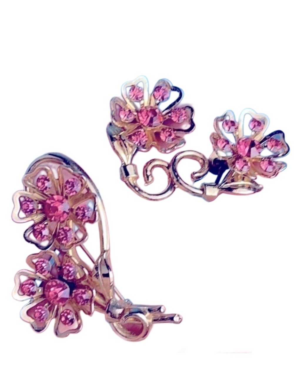 Vintage CORO 1950s Pink Rhinestone Floral Demi-Parure Brooch Earrings Set